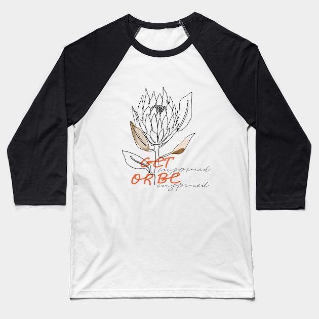 One line protea flower with lettering. Fashion typography slogan design " Get inspired or be inspired " sign. Continuous line print. Baseball T-Shirt by CoCoArt-Ua